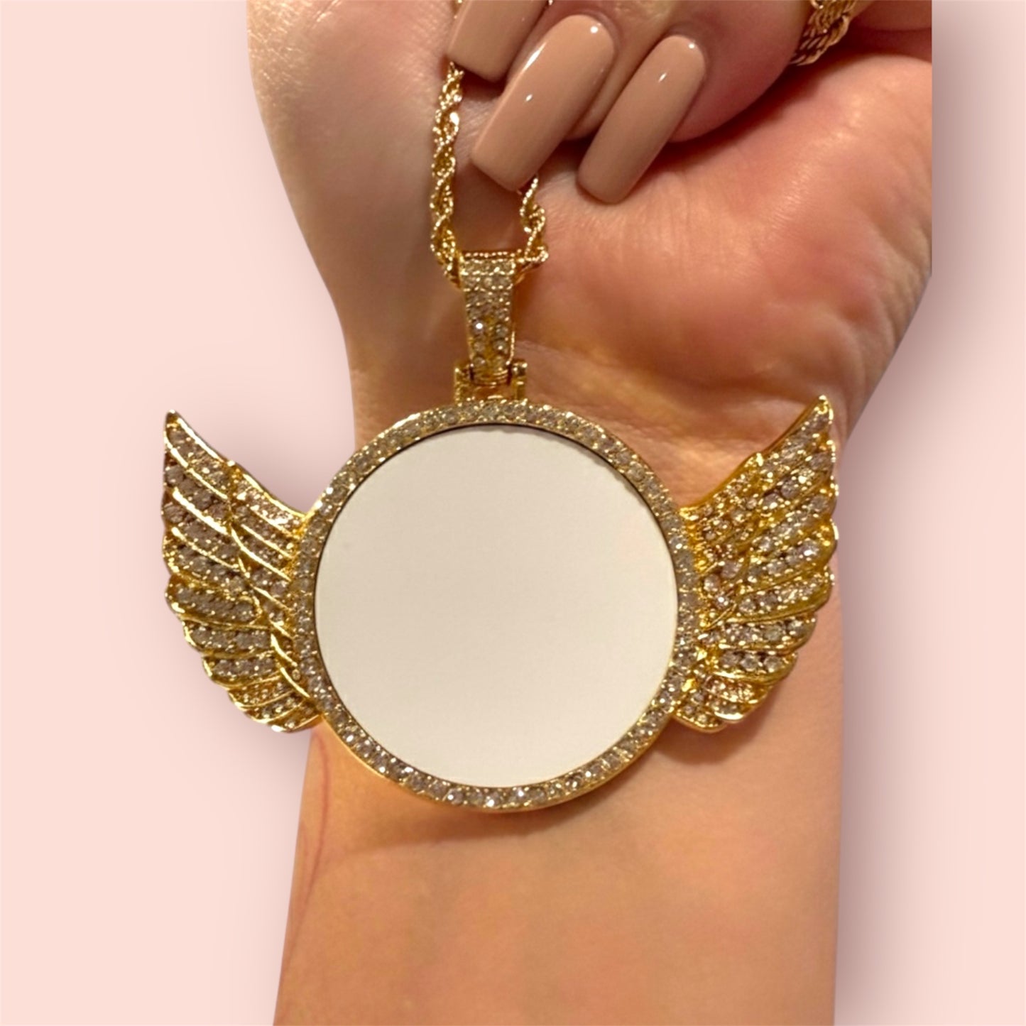 Large Round Rhinestone with Wings Necklace